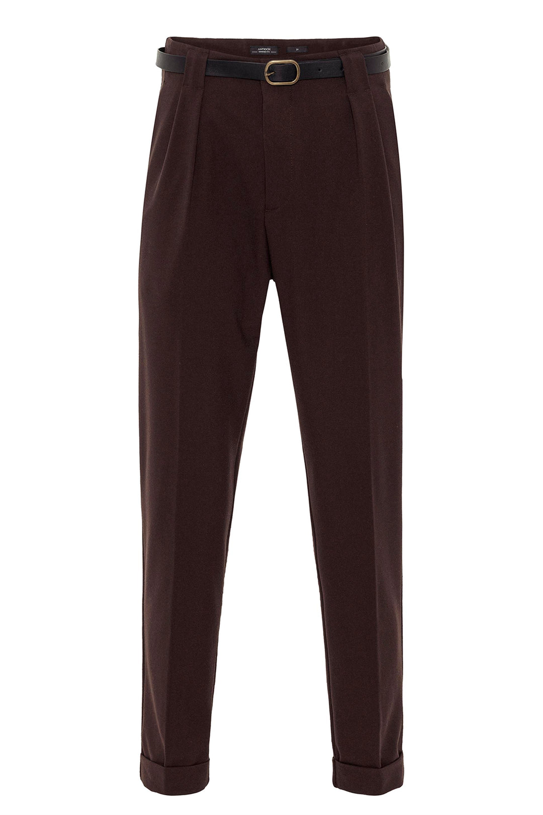 Pantalon Homme Marron Foncé Ceinturé Double Revers - Wessi