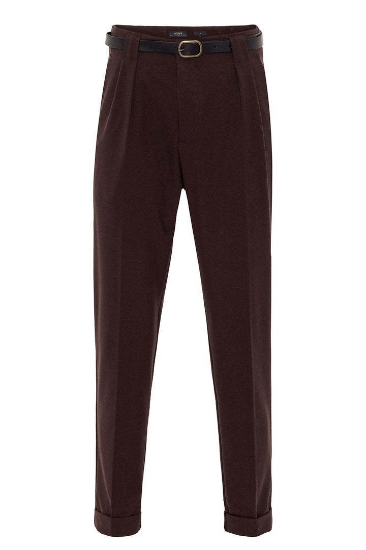 Pantalon Homme Marron Foncé Ceinturé Double Revers - Wessi
