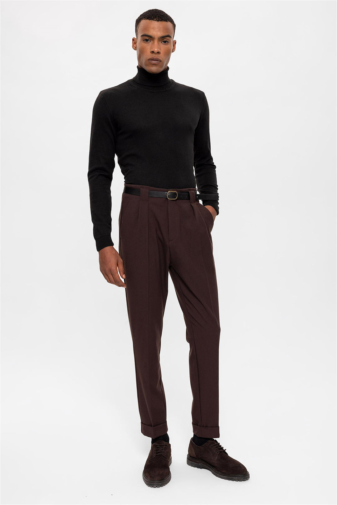 Pantalon Homme Marron Foncé Ceinturé Double Revers - Wessi
