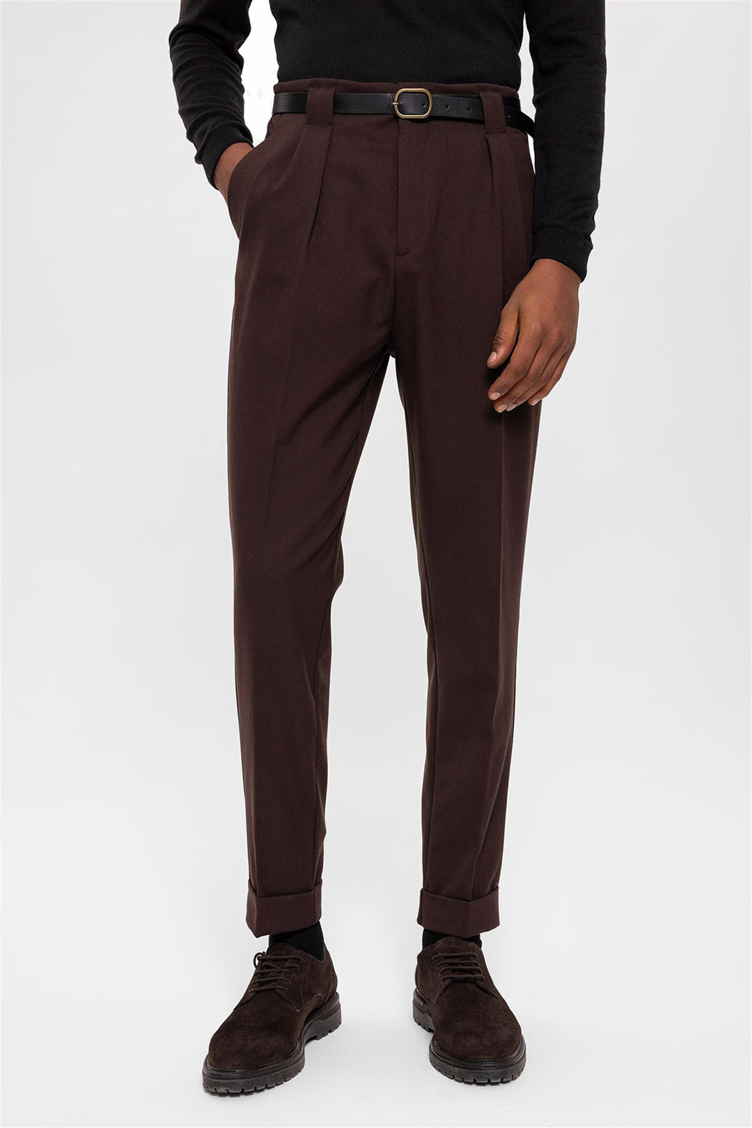 Pantalon Homme Marron Foncé Ceinturé Double Revers - Wessi