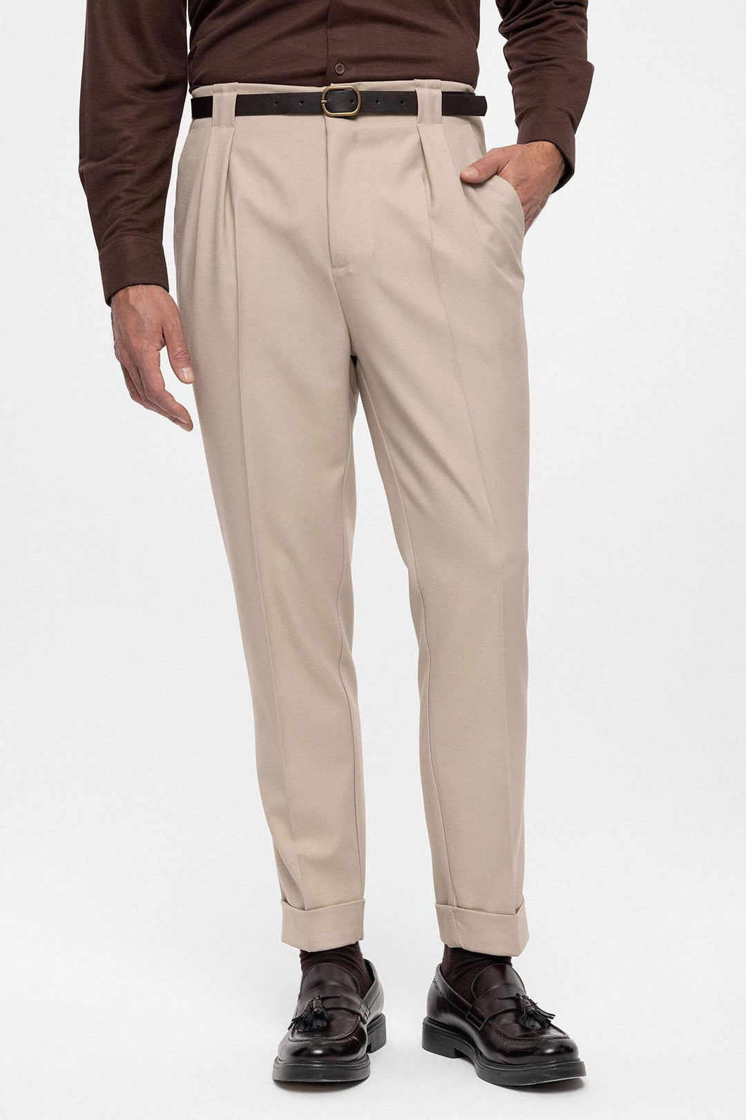 Men's Dark Beige Belted Double Cuff Pants - Wessi