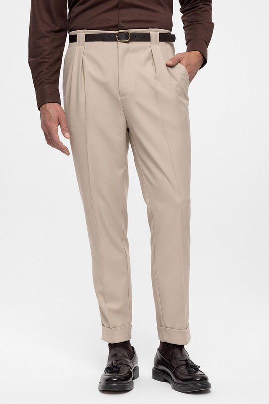 Men's Dark Beige Belted Double Cuff Pants - Wessi – Wessi