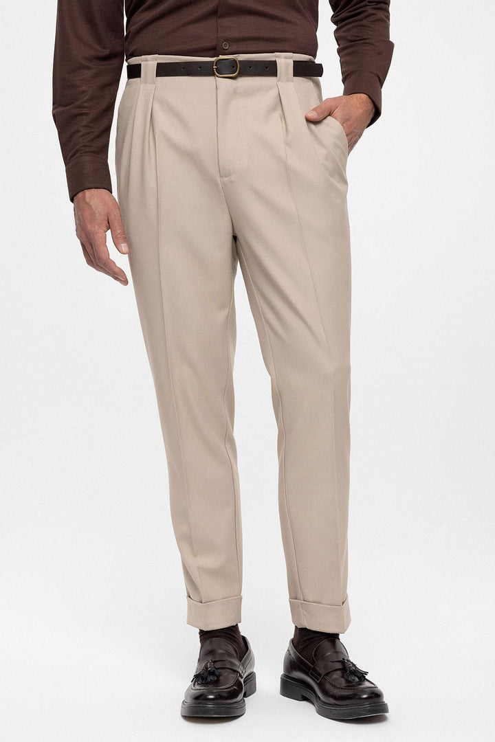 Men's Dark Beige Belted Double Cuff Pants - Wessi