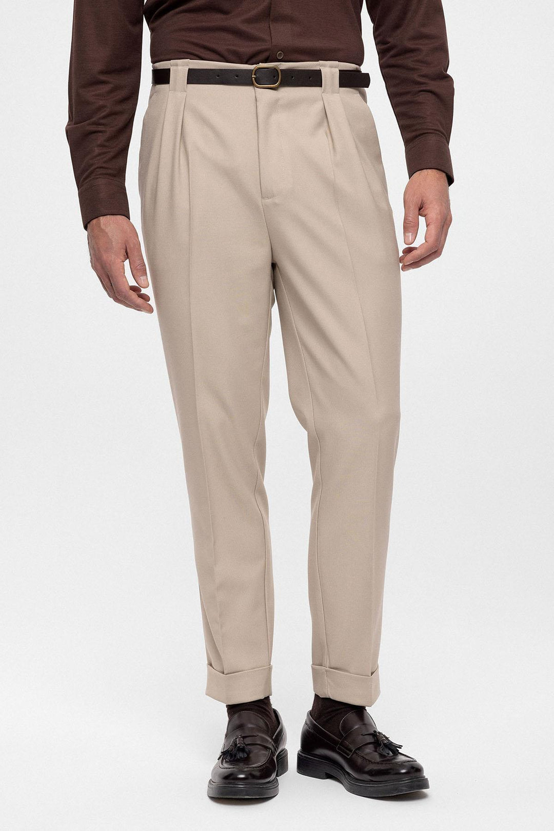 Men's Dark Beige Belted Double Cuff Pants - Wessi