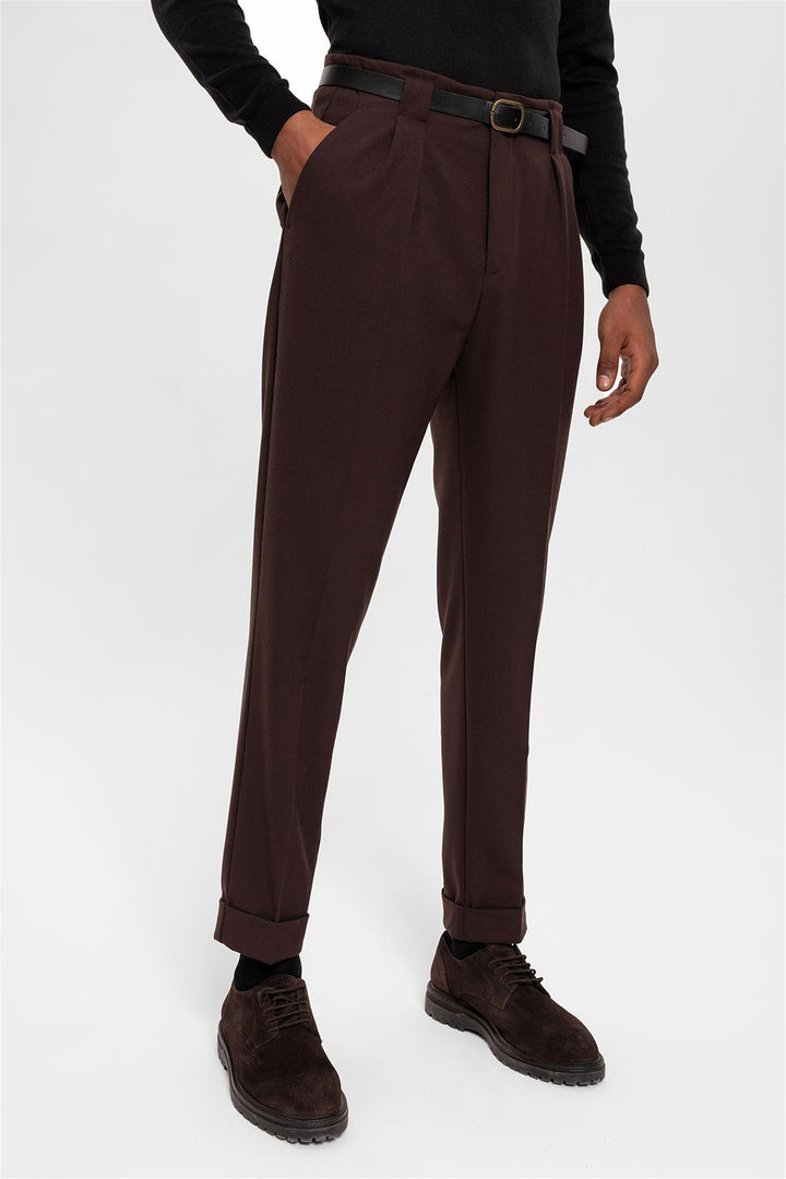 Pantalon Homme Marron Foncé Ceinturé Double Revers - Wessi