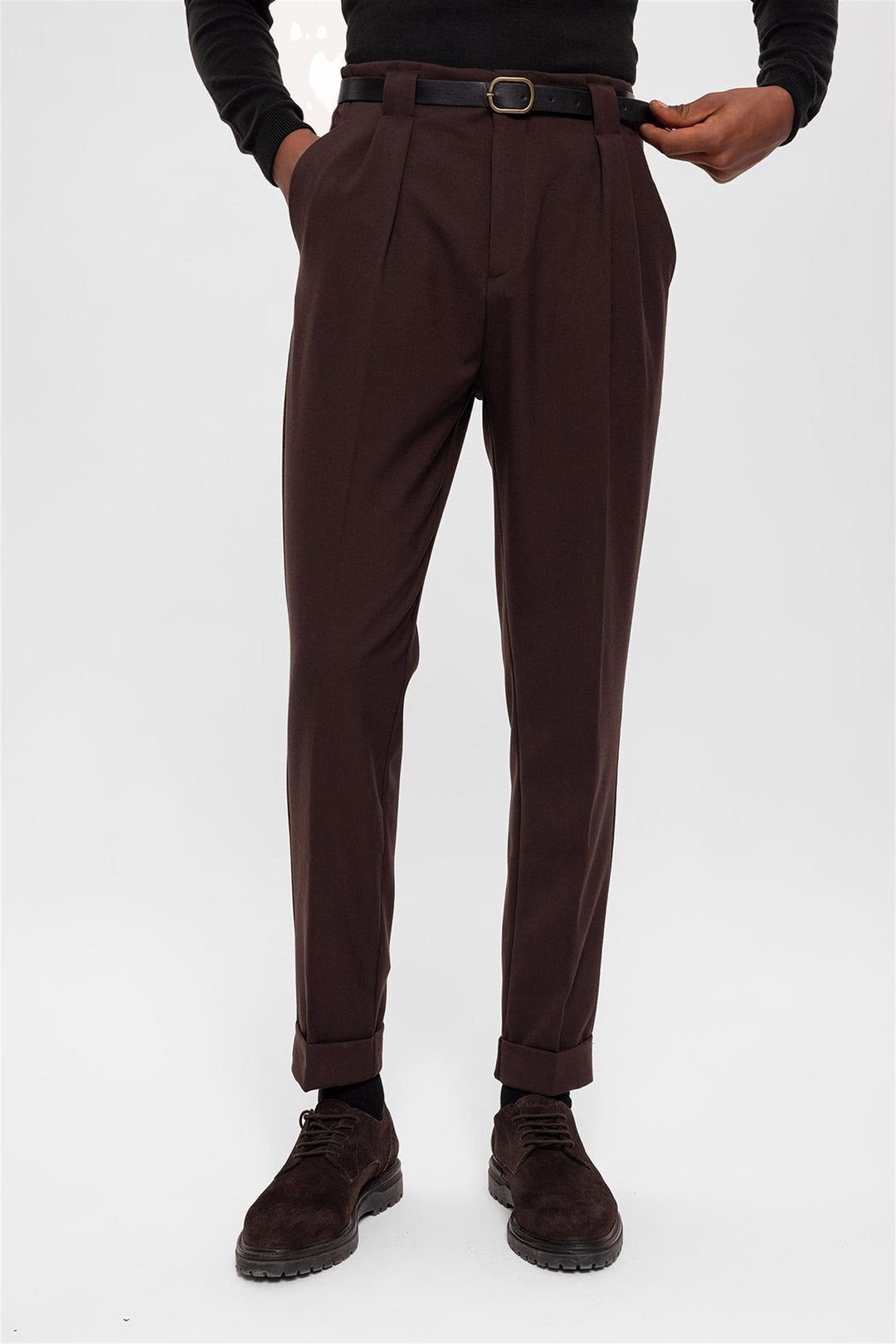 Pantalon Homme Marron Foncé Ceinturé Double Revers - Wessi