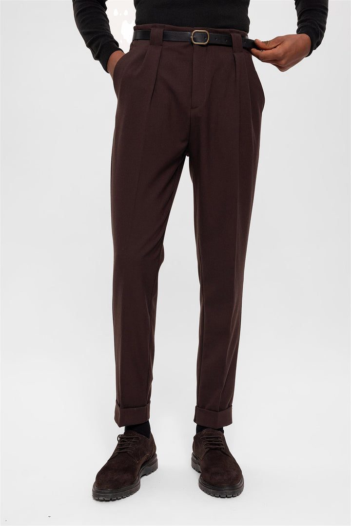 Pantalon Homme Marron Foncé Ceinturé Double Revers - Wessi