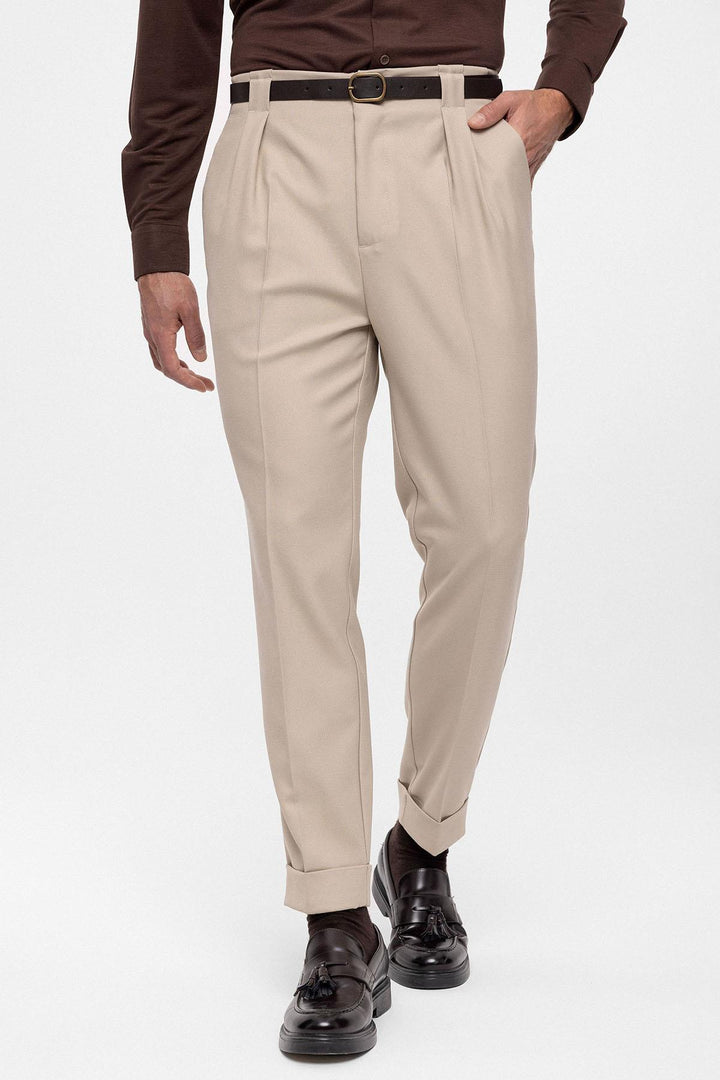 Men's Dark Beige Belted Double Cuff Pants - Wessi