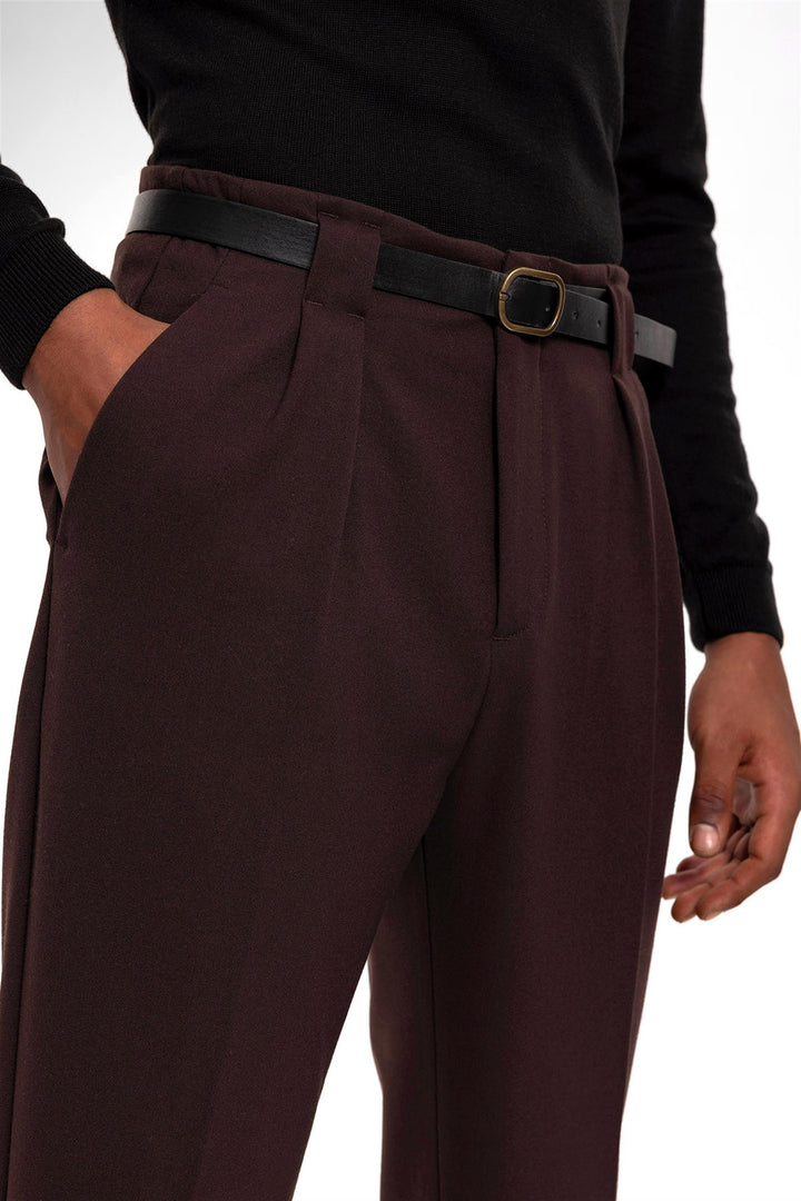 Pantalon Homme Marron Foncé Ceinturé Double Revers - Wessi