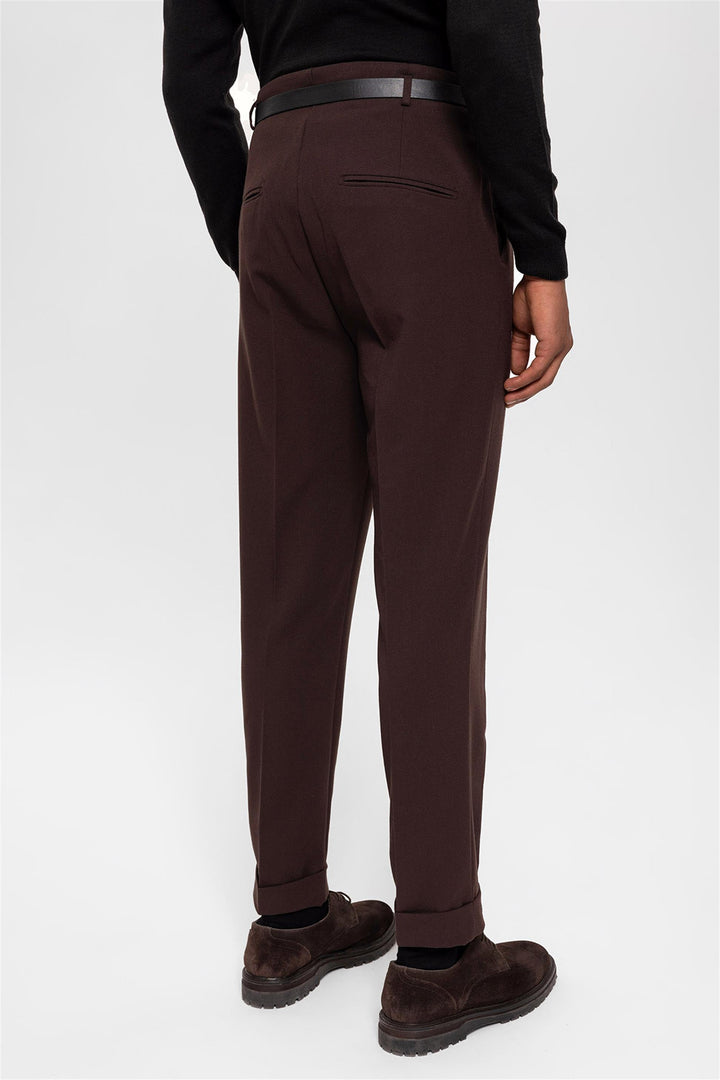 Pantalon Homme Marron Foncé Ceinturé Double Revers - Wessi