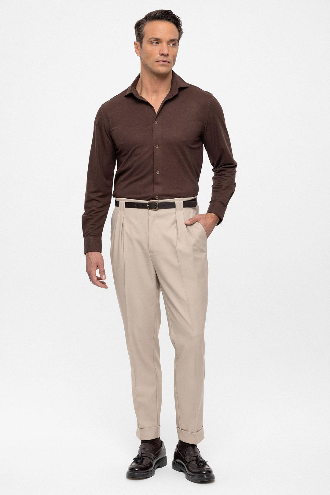 Men's Dark Beige Belted Double Cuff Pants - Wessi