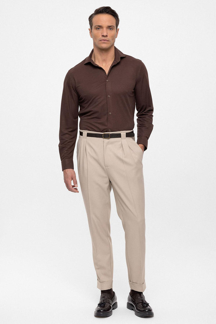 Men's Dark Beige Belted Double Cuff Pants - Wessi