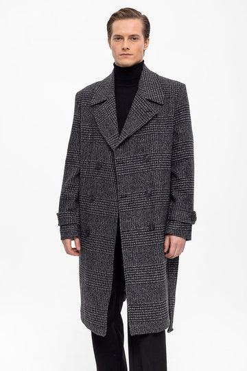 Belted Double Breasted Closure Plaid Men's Coat - Wessi