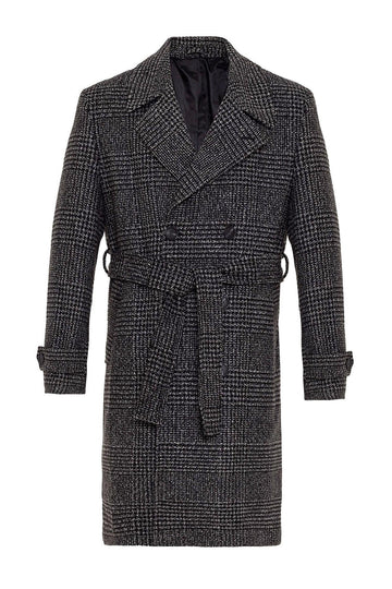 Belted Double Breasted Closure Plaid Men's Coat - Wessi
