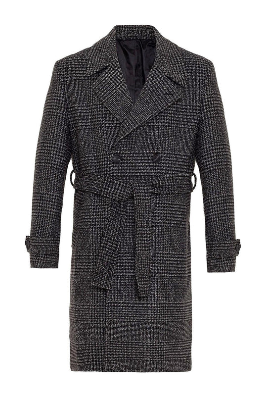 Belted Double Breasted Closure Plaid Men's Coat - Wessi