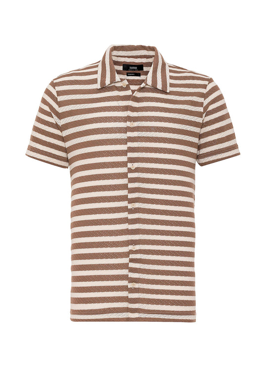 Men's Brown Short Sleeve Striped  Knitwear Shirt - Wessi