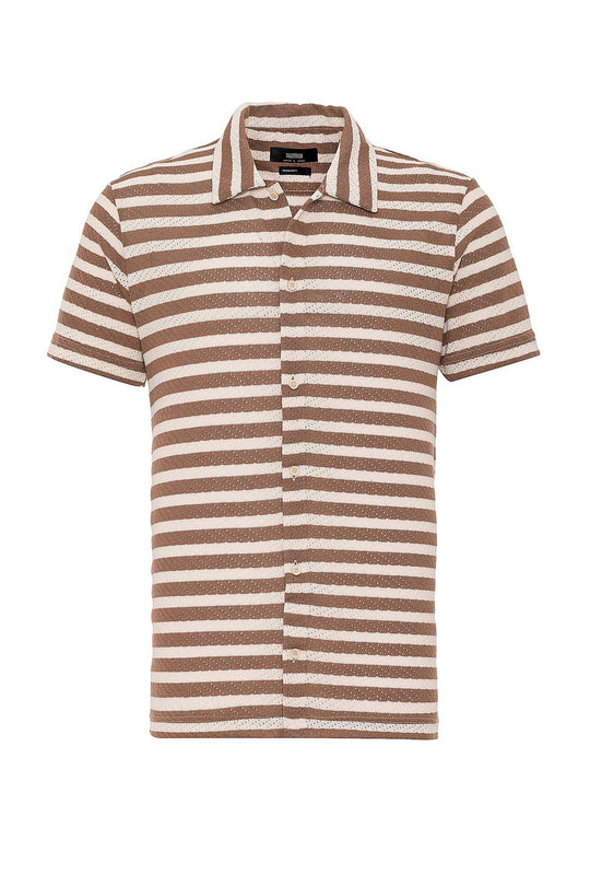 Men's Brown Short Sleeve Striped  Knitwear Shirt - Wessi