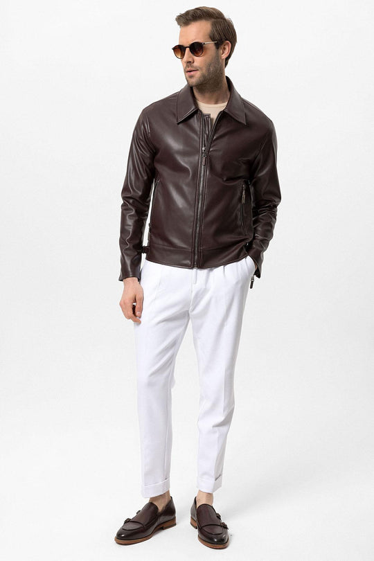 Men's Brown Zipper Sleeve Faux Leather  Jacket - Wessi