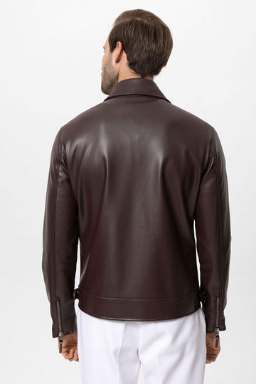 Men's Brown Zipper Sleeve Faux Leather  Jacket - Wessi
