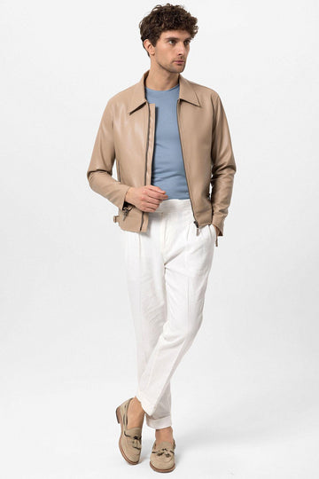 Men's Beige Zipper Sleeve Faux Leather  Jacket - Wessi
