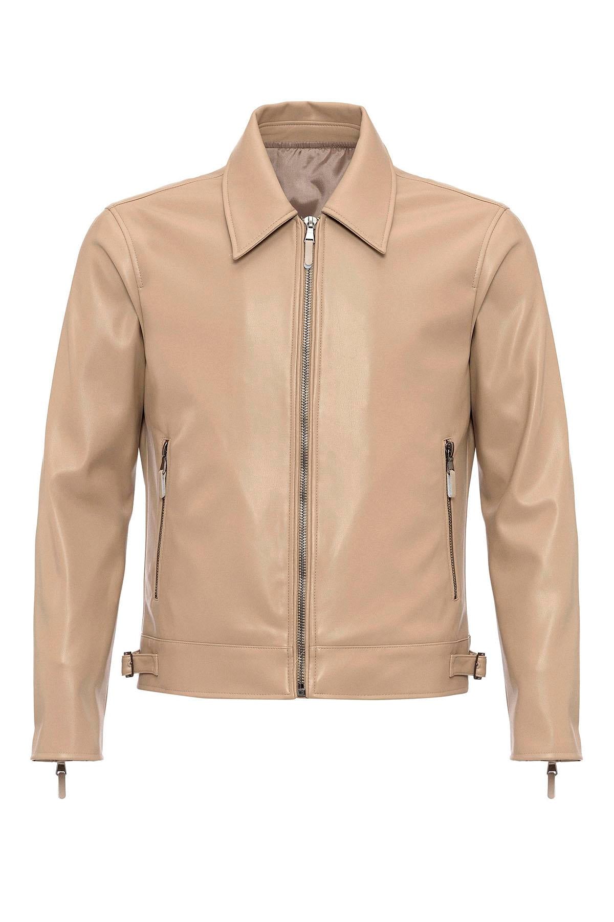 Men s Beige Zipper Sleeve Faux Leather Jacket Wessi