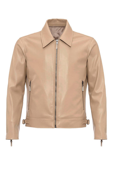 Men's Beige Zipper Sleeve Faux Leather  Jacket - Wessi