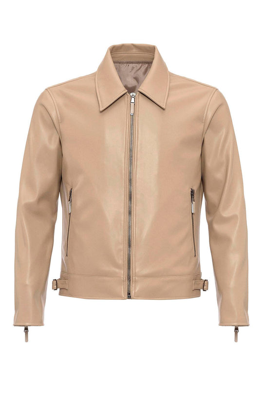 Men's Beige Zipper Sleeve Faux Leather  Jacket - Wessi
