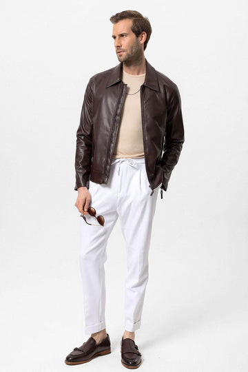 Men's Brown Zipper Sleeve Faux Leather  Jacket - Wessi