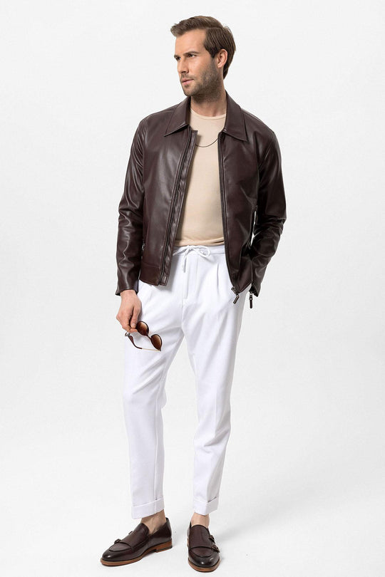 Men's Brown Zipper Sleeve Faux Leather  Jacket - Wessi