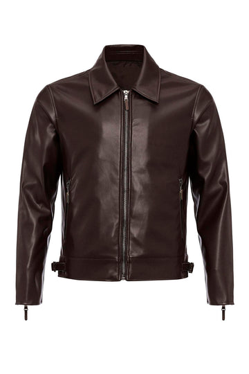 Men's Brown Zipper Sleeve Faux Leather  Jacket - Wessi