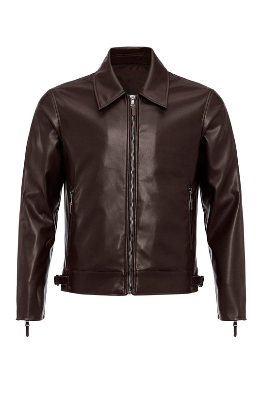 Men's Brown Zipper Sleeve Faux Leather  Jacket - Wessi