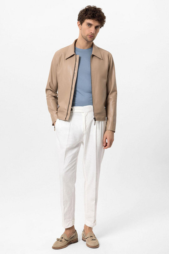 Men's Beige Zipper Sleeve Faux Leather  Jacket - Wessi