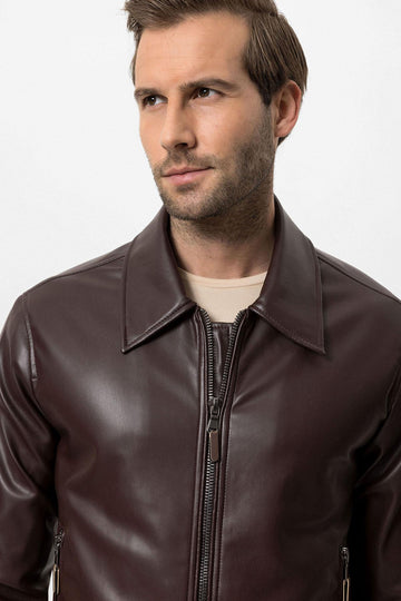 Men's Brown Zipper Sleeve Faux Leather  Jacket - Wessi