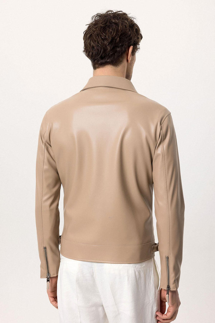 Men's Beige Zipper Sleeve Faux Leather  Jacket - Wessi