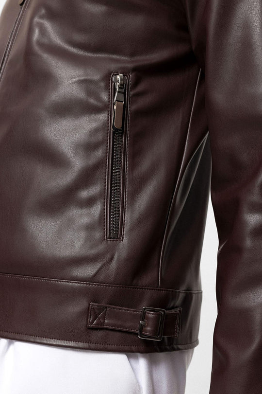 Men's Brown Zipper Sleeve Faux Leather  Jacket - Wessi