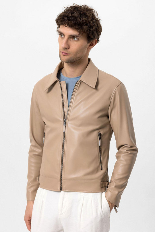 Men's Beige Zipper Sleeve Faux Leather  Jacket - Wessi