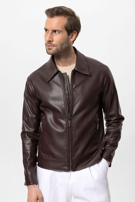Men's Brown Zipper Sleeve Faux Leather  Jacket - Wessi