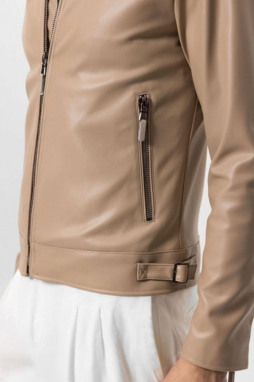 Men's Beige Zipper Sleeve Faux Leather  Jacket - Wessi