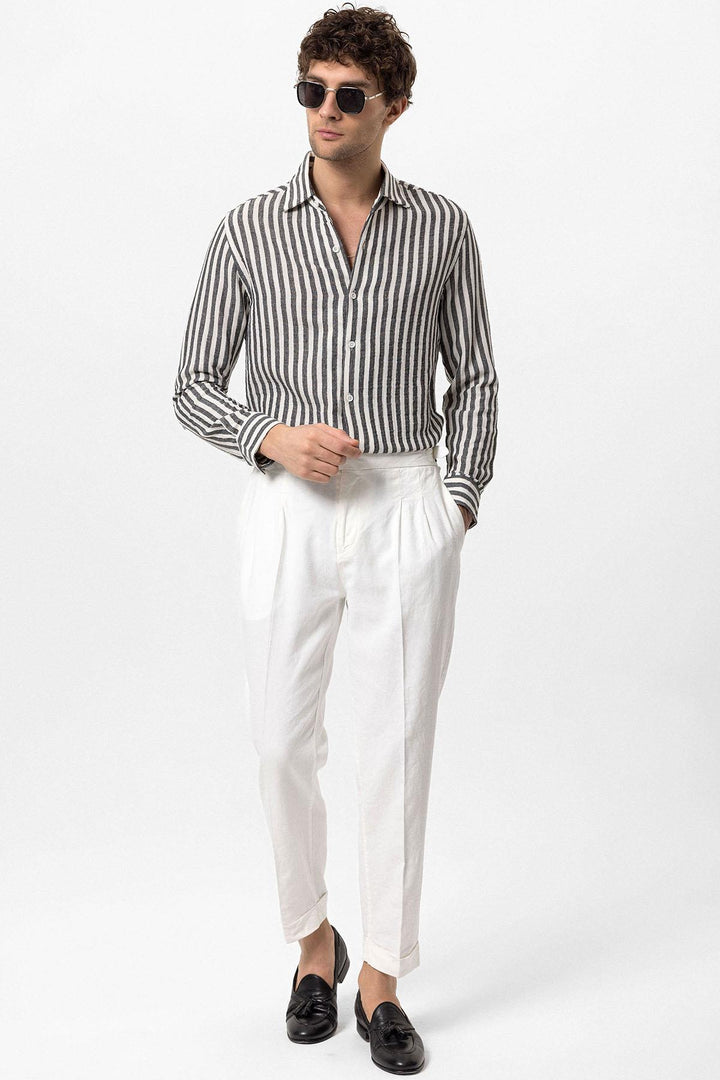 Men's Black Slim Fit Striped Long Sleeve  Shirt - Wessi