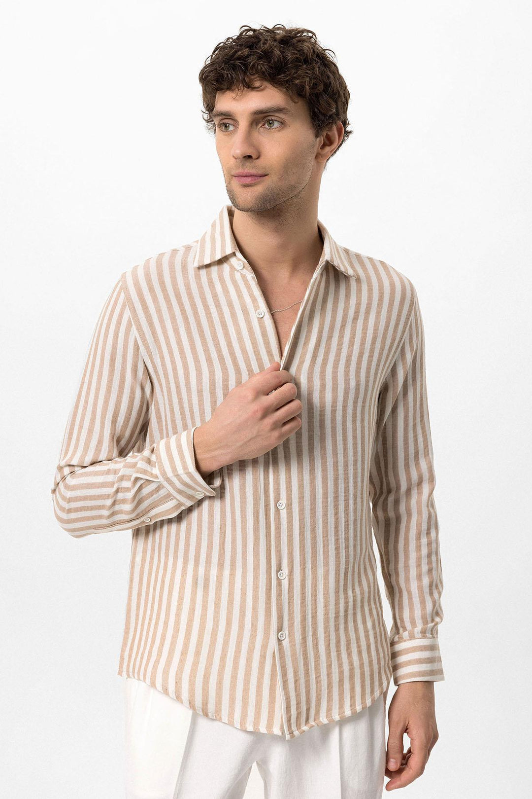 Men's Beige Contrast Striped Shirt - Wessi