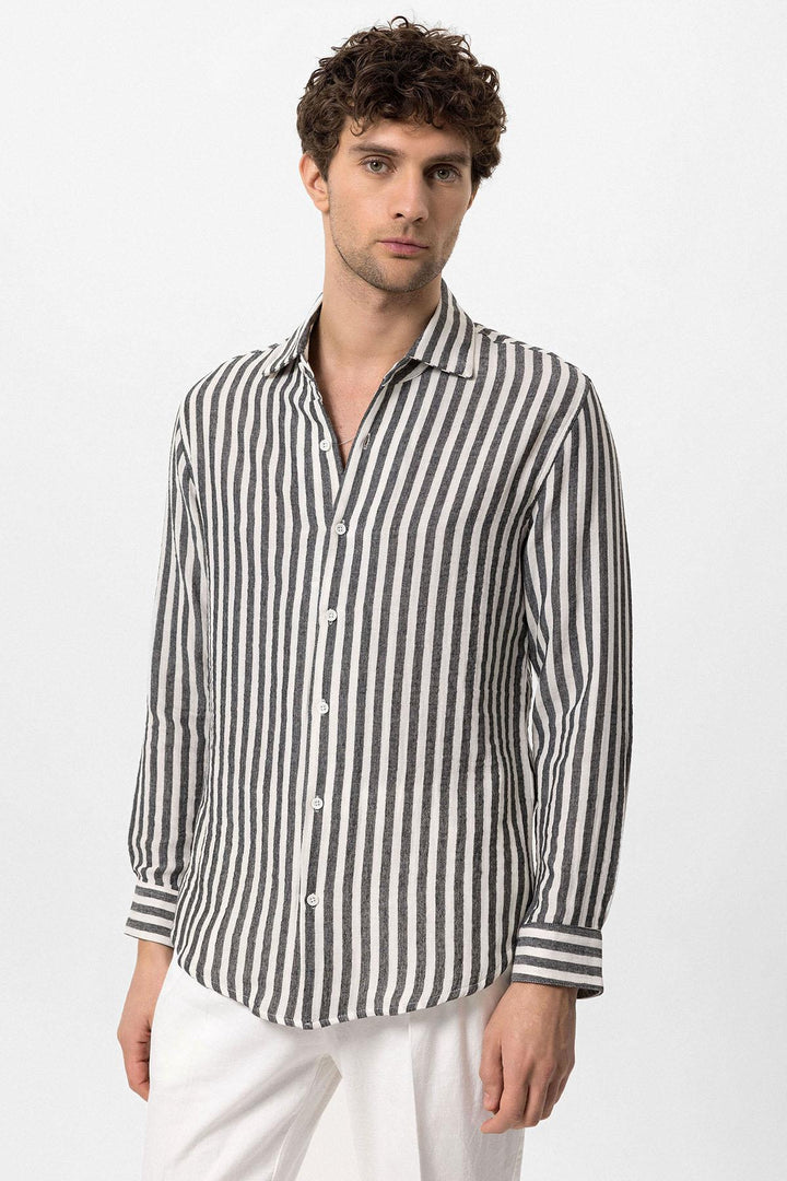Men's Black Slim Fit Striped Long Sleeve  Shirt - Wessi