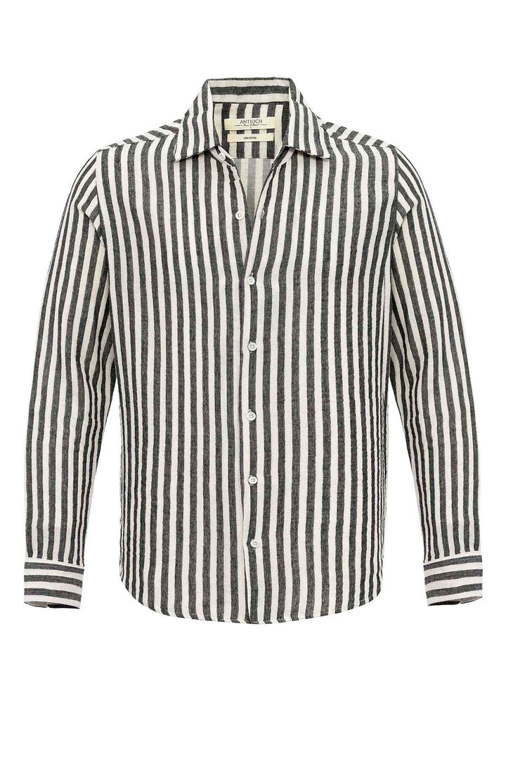 Men's Black Slim Fit Striped Long Sleeve  Shirt - Wessi