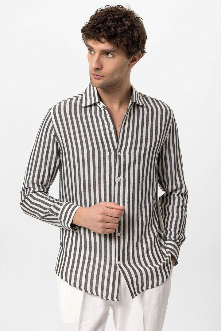 Men's Black Slim Fit Striped Long Sleeve  Shirt - Wessi