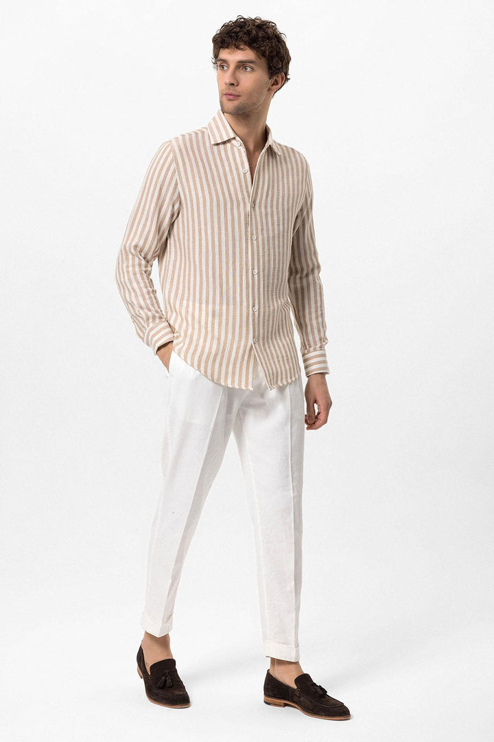 Men's Beige Contrast Striped Shirt - Wessi
