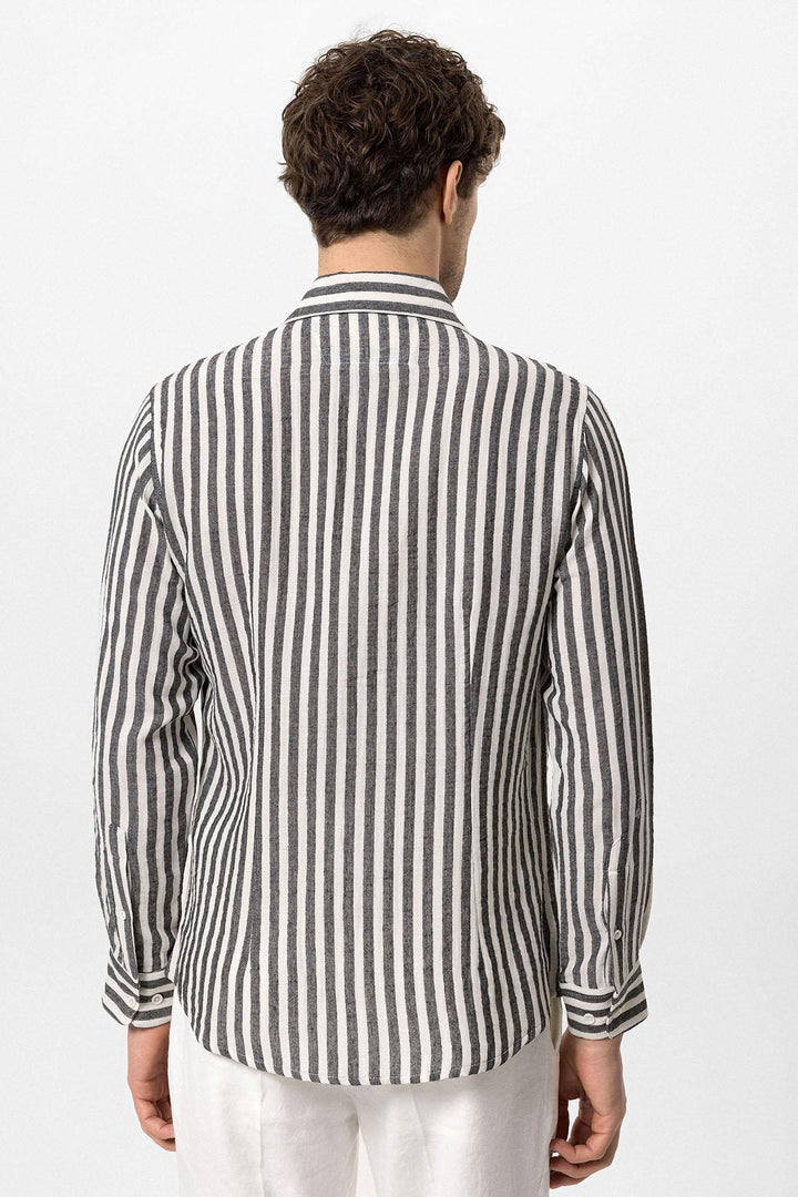 Men's Black Slim Fit Striped Long Sleeve  Shirt - Wessi