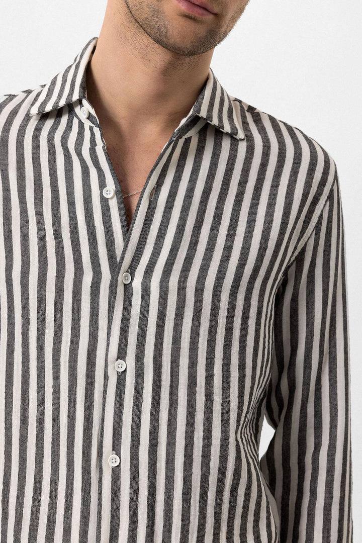 Men's Black Slim Fit Striped Long Sleeve  Shirt - Wessi