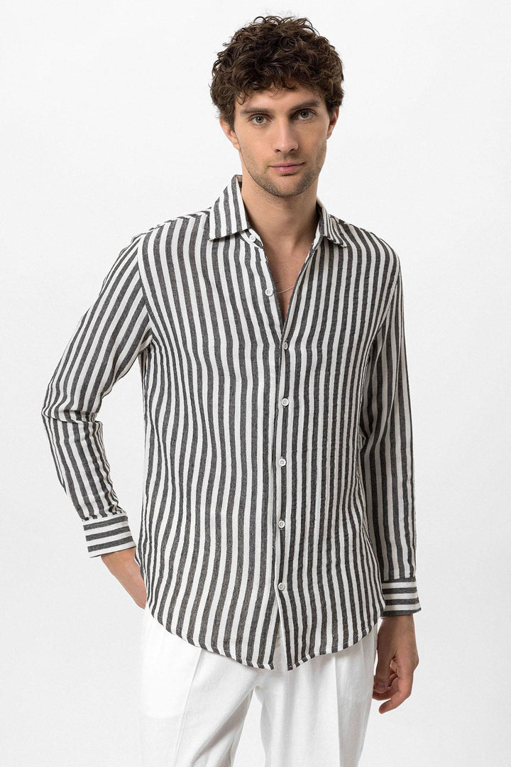 Men's Black Slim Fit Striped Long Sleeve  Shirt - Wessi