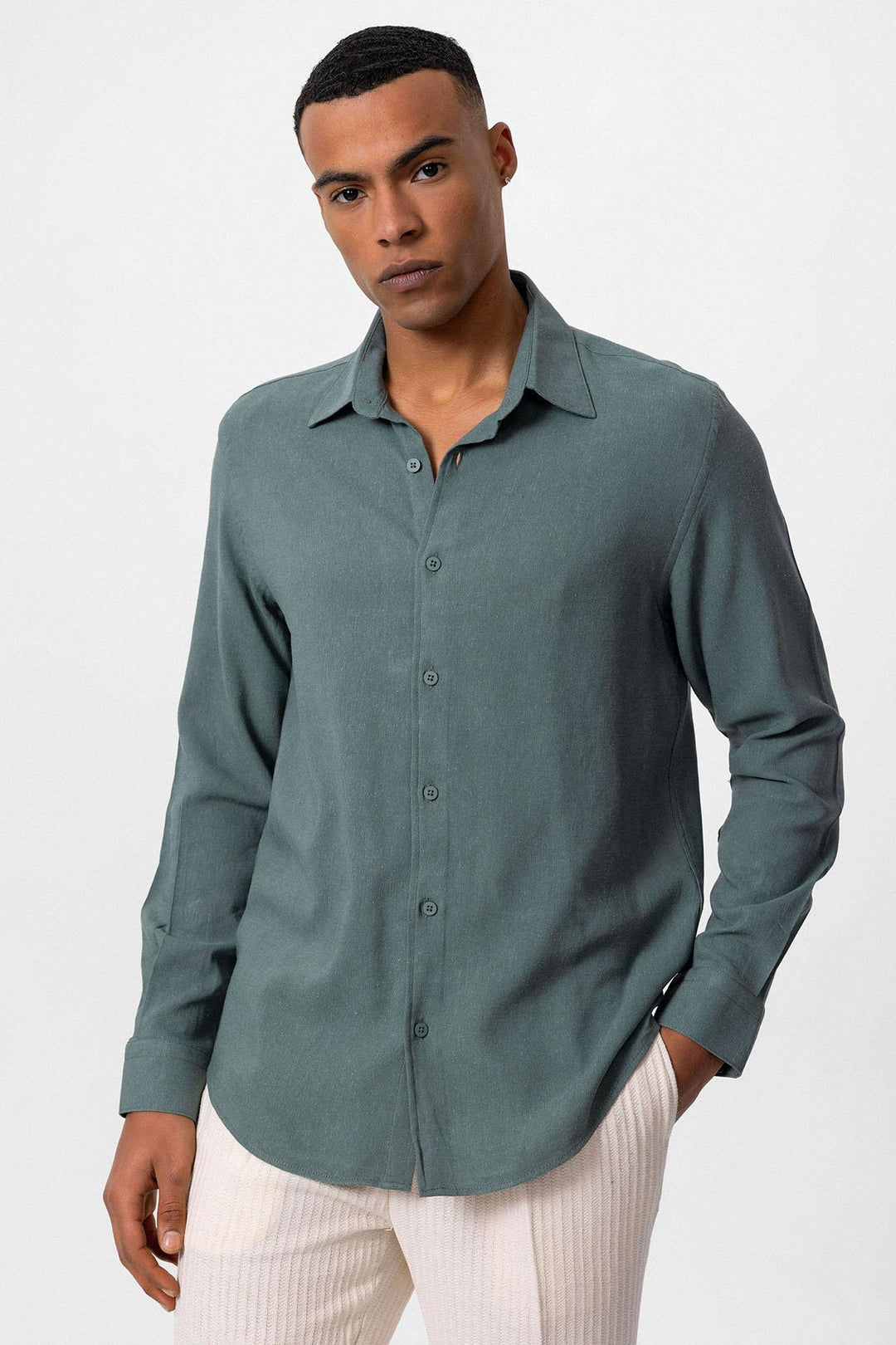 Men's Dark Khaki Long-Sleeve Linen Shirt - Wessi
