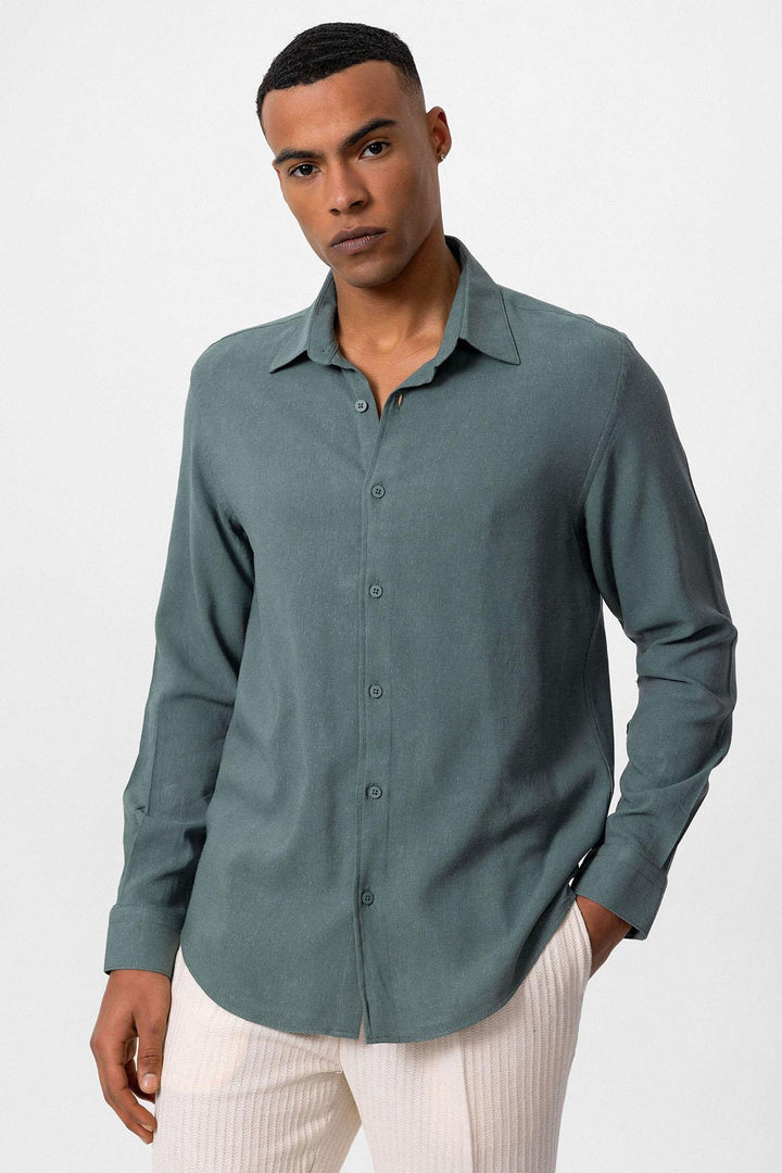 Men's Dark Khaki Long-Sleeve Linen Shirt - Wessi