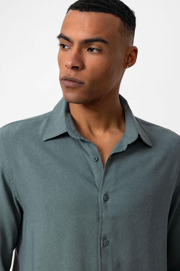 Men's Dark Khaki Long-Sleeve Linen Shirt - Wessi